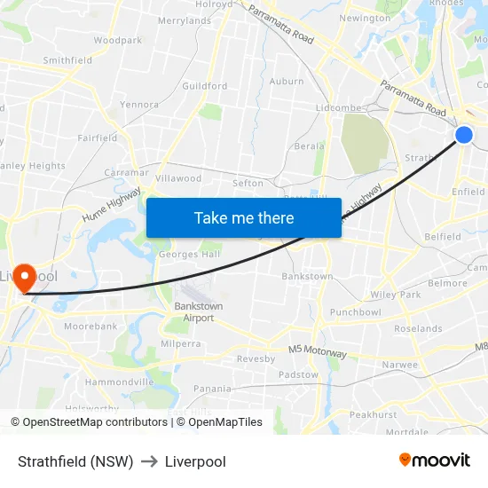 Strathfield (NSW) to Liverpool map