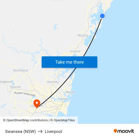 Swansea (NSW) to Liverpool map