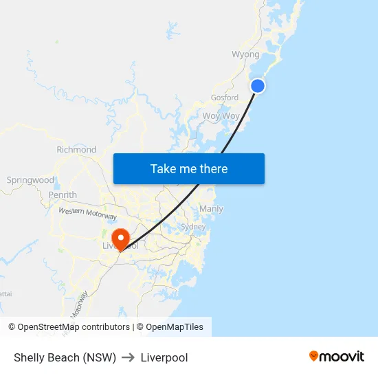 Shelly Beach (NSW) to Liverpool map