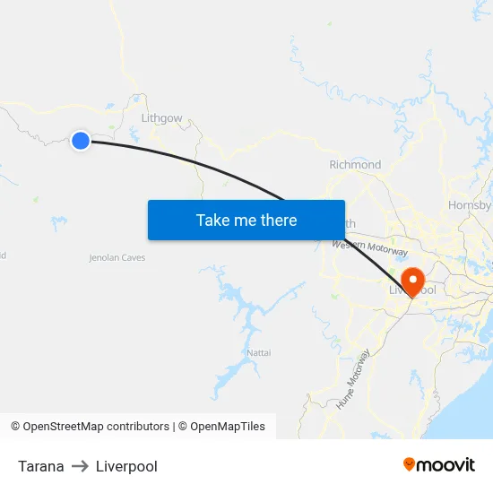 Tarana to Liverpool map