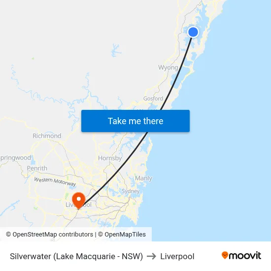 Silverwater (Lake Macquarie - NSW) to Liverpool map