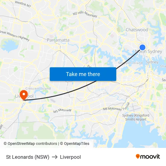 St Leonards (NSW) to Liverpool map