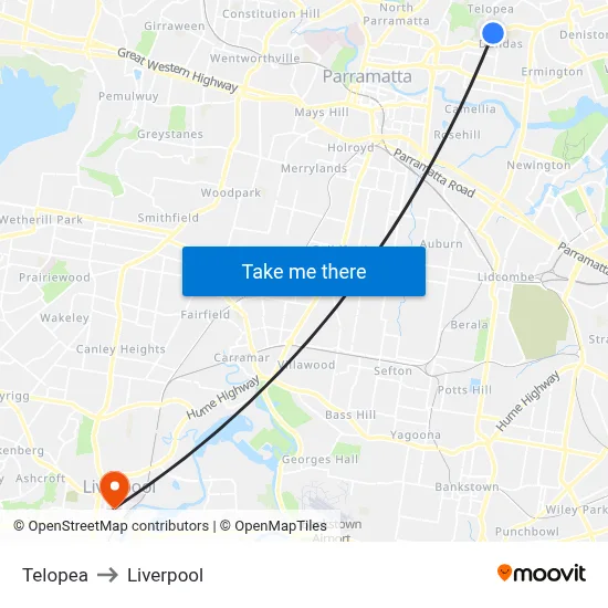 Telopea to Liverpool map