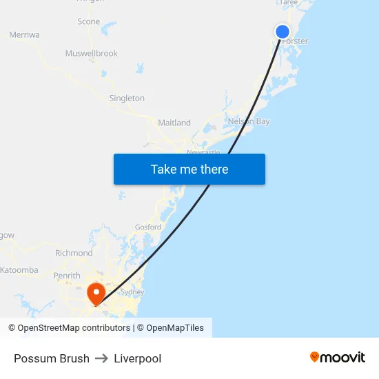 Possum Brush to Liverpool map