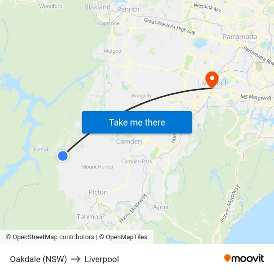 Oakdale (NSW) to Liverpool map
