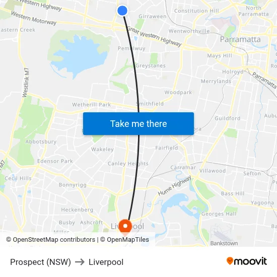 Prospect (NSW) to Liverpool map