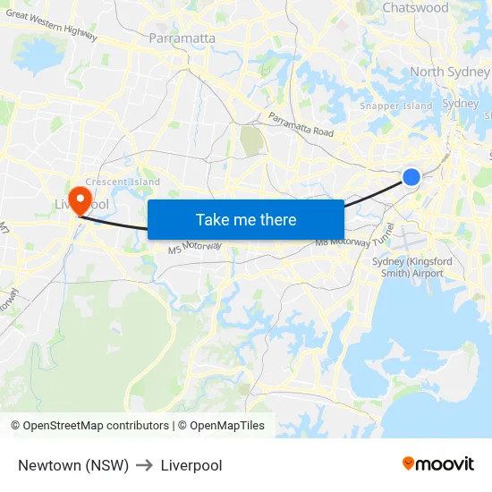 Newtown (NSW) to Liverpool map
