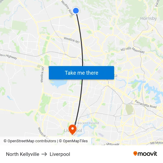 North Kellyville to Liverpool map
