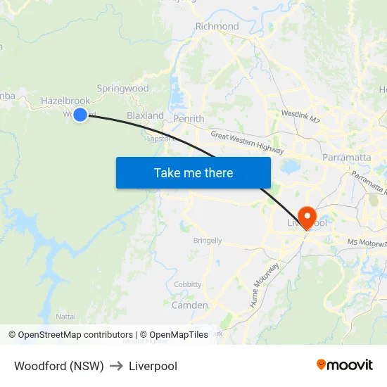 Woodford (NSW) to Liverpool map