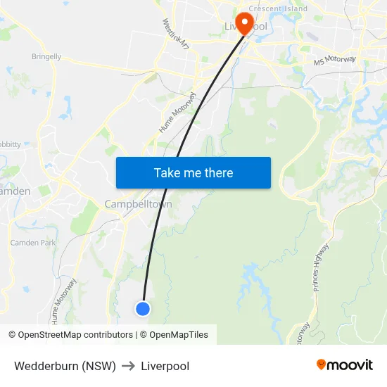 Wedderburn (NSW) to Liverpool map