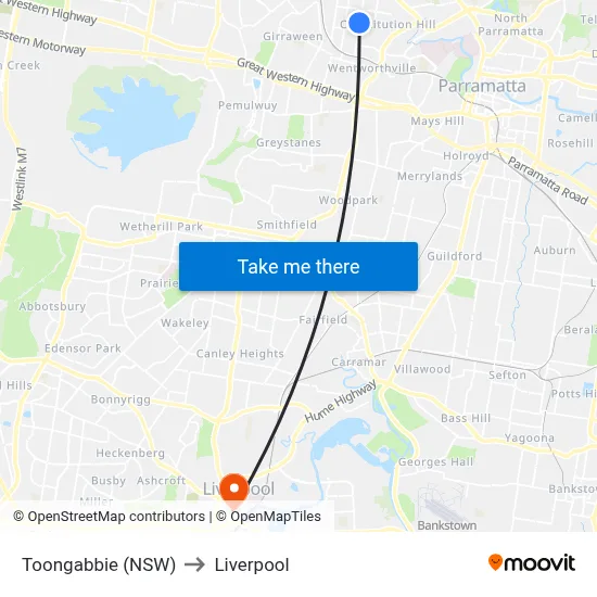 Toongabbie (NSW) to Liverpool map