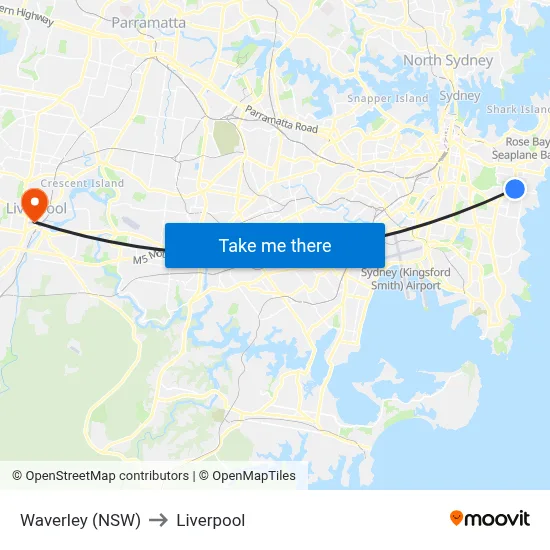 Waverley (NSW) to Liverpool map