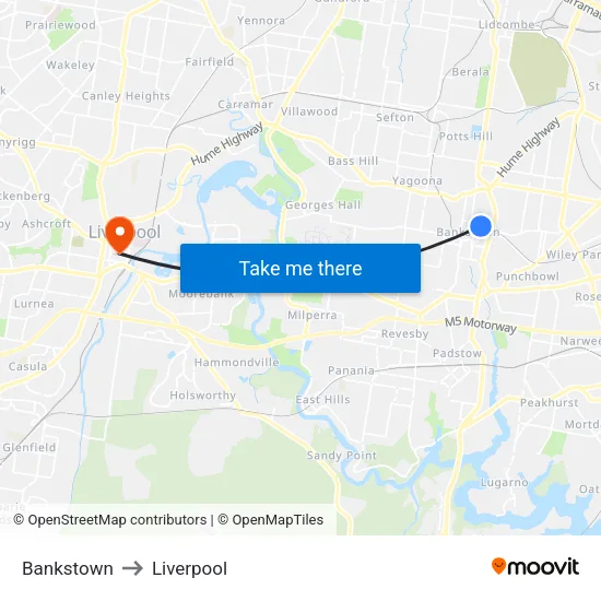Bankstown to Liverpool map