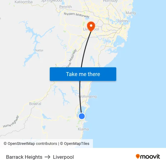 Barrack Heights to Liverpool map