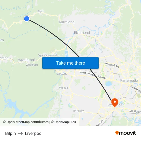 Bilpin to Liverpool map