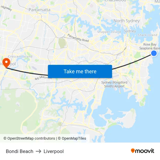 Bondi Beach to Liverpool map