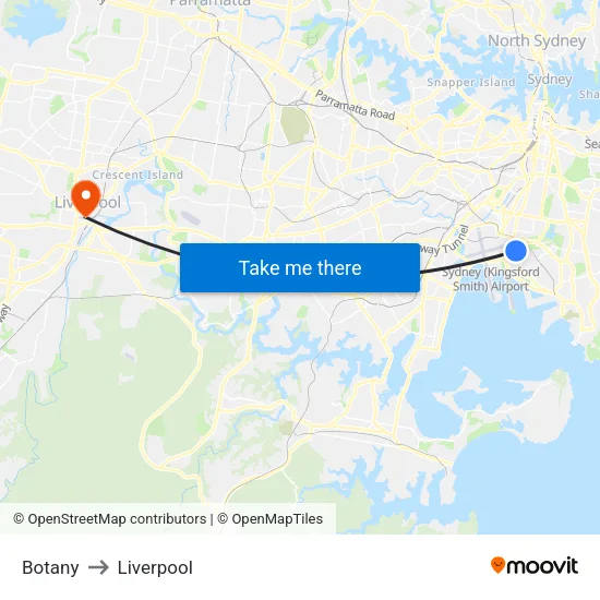 Botany to Liverpool map