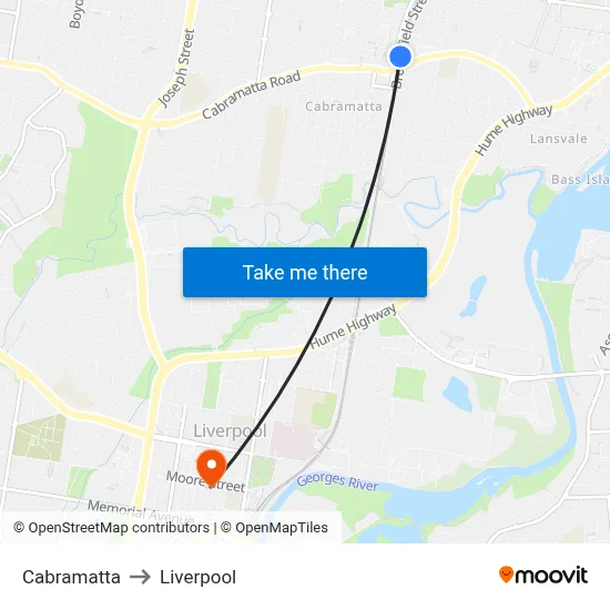 Cabramatta to Liverpool map