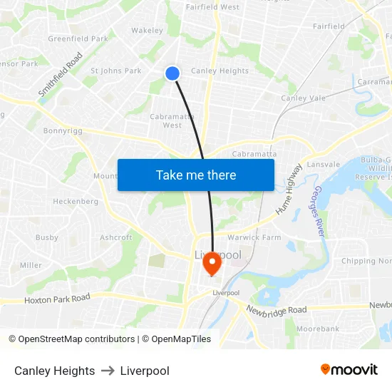 Canley Heights to Liverpool map