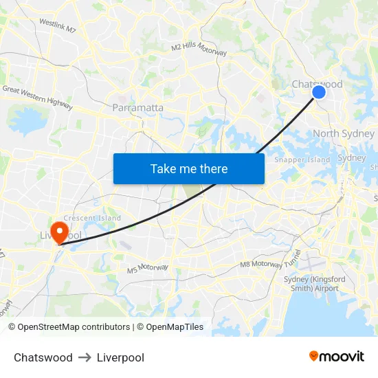 Chatswood to Liverpool map