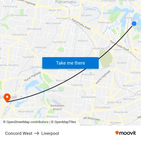 Concord West to Liverpool map