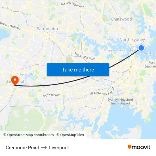 Cremorne Point to Liverpool map