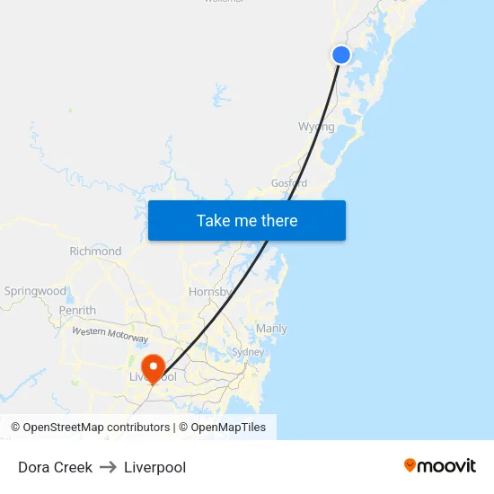 Dora Creek to Liverpool map