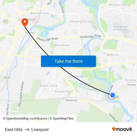 East Hills to Liverpool map