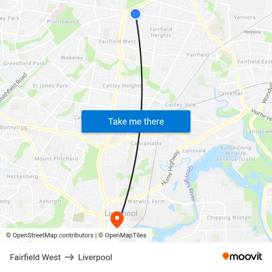 Fairfield West to Liverpool map