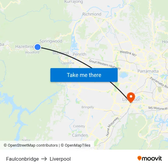 Faulconbridge to Liverpool map