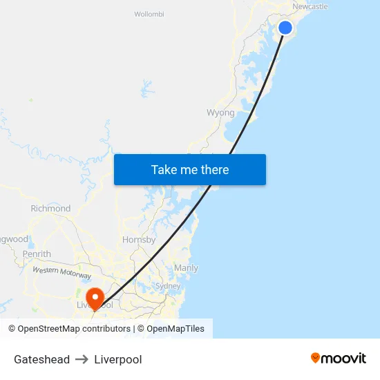 Gateshead to Liverpool map