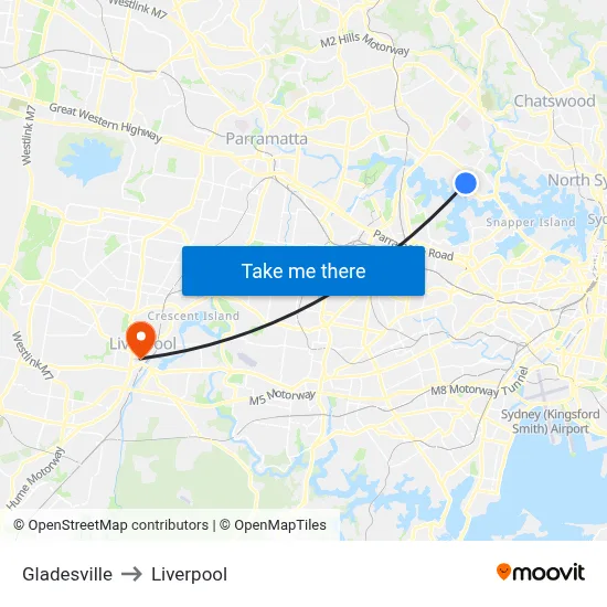 Gladesville to Liverpool map