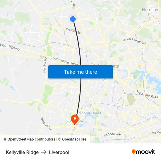 Kellyville Ridge to Liverpool map