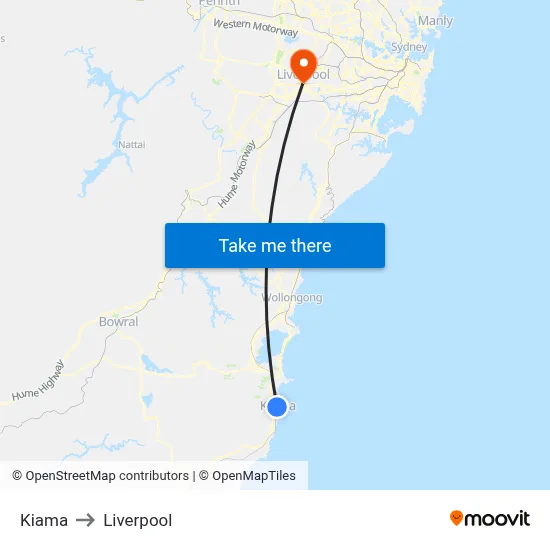 Kiama to Liverpool map