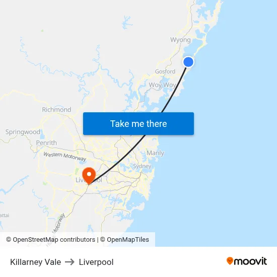 Killarney Vale to Liverpool map