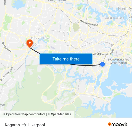 Kogarah to Liverpool map