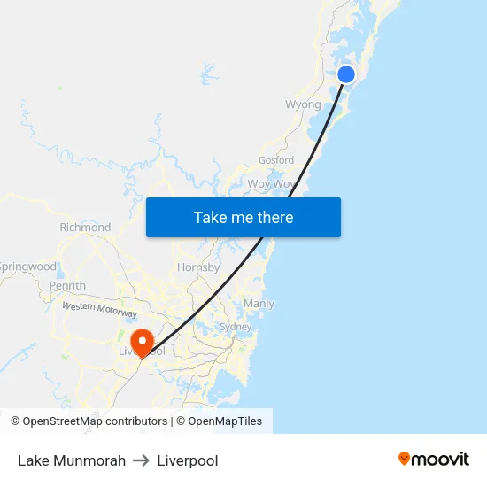 Lake Munmorah to Liverpool map