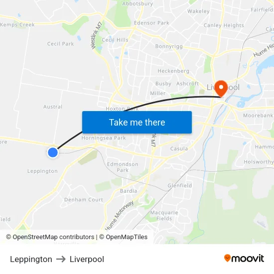Leppington to Liverpool map