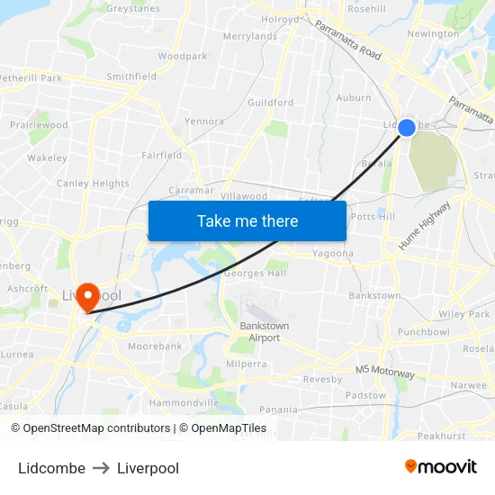 Lidcombe to Liverpool map