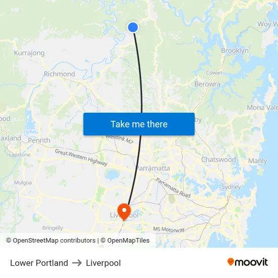 Lower Portland to Liverpool map