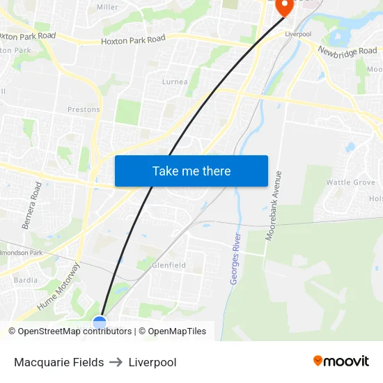 Macquarie Fields to Liverpool map