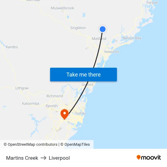 Martins Creek to Liverpool map
