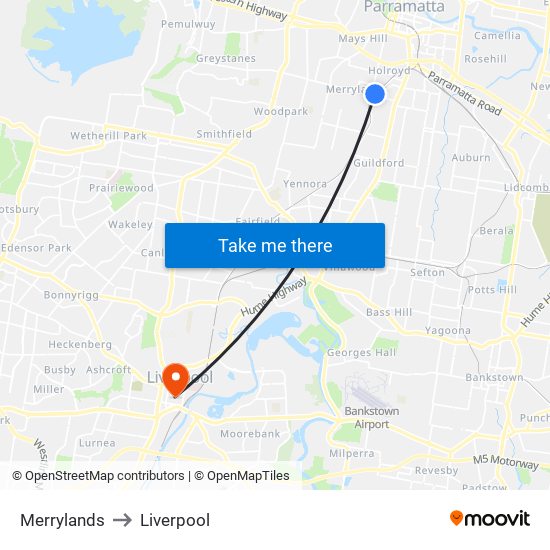 Merrylands to Liverpool map