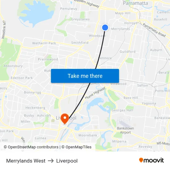 Merrylands West to Liverpool map