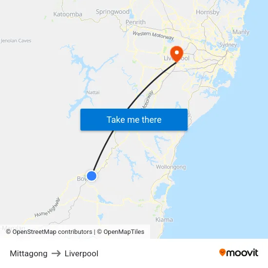 Mittagong to Liverpool map