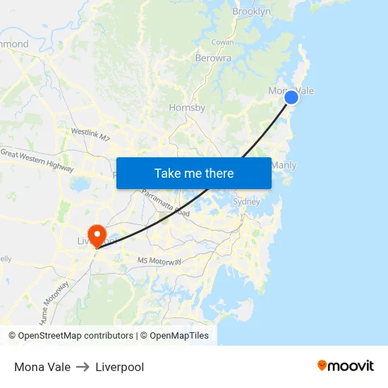 Mona Vale to Liverpool map