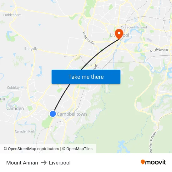 Mount Annan to Liverpool map