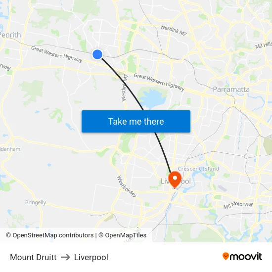 Mount Druitt to Liverpool map