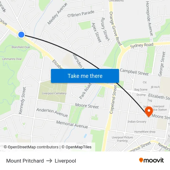 Mount Pritchard to Liverpool map