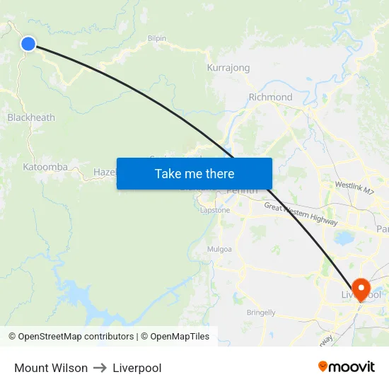 Mount Wilson to Liverpool map